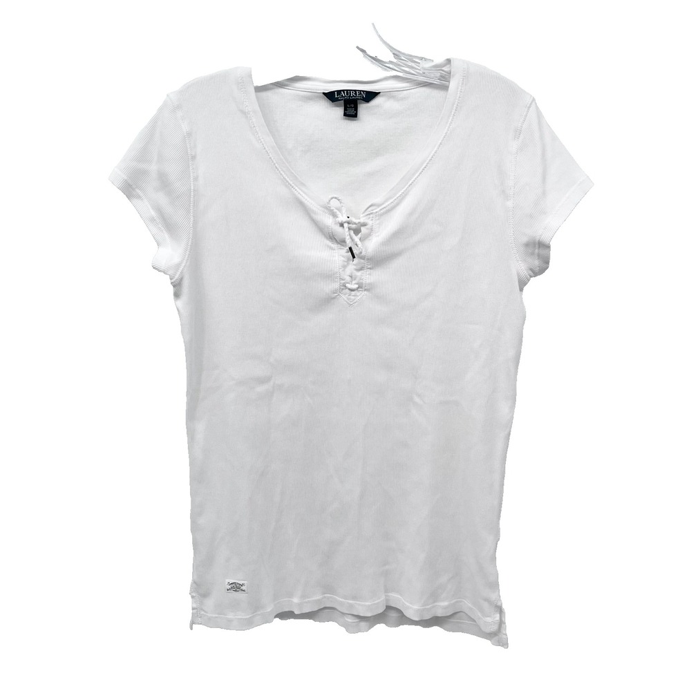 LAUREN RALPH LAUREN Women's Sz L White Short-Sleeve Ribbed Lace-Up Neckline Top